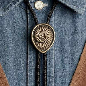 Silver Fossil Ammonite Bolo Tie: Handmade Leather Lariat Necklace