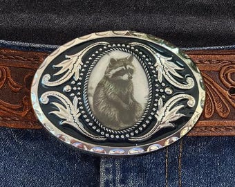 Vintage Style Raccoon Belt Buckle: Silver Finish, Fits 1.5'' Strap