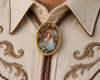 Imperial Jasper & Bronzite Stone Bolo Tie: Turquoise Stone, Leather Cord Cowboy Necktie