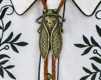Cicada Bolo Tie: Leather Cord, Brass Insect Western Jewelry