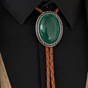 Southwestern Green Stone Bolo Tie - Gifts for Him Leather Cowboy Necktie Accessories Mens Necklace Slide Bandana Cord Lariat Wedding Dark