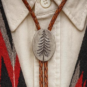 Engraved Tree Bolo Tie: Pine Forest Moon, Leather Cowboy Necktie