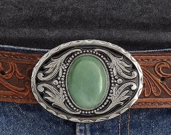 Sage Green Stone Belt Buckle: Engraved Silver Western Style  display picture 1