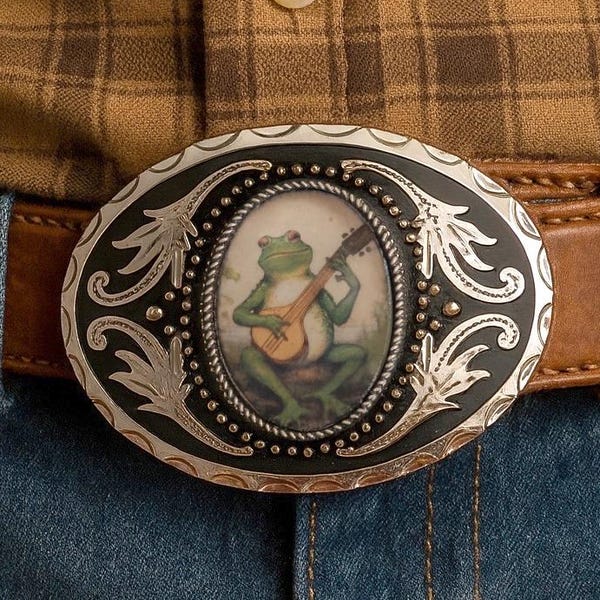 Banjo Frog Belt Buckle: Western Style Silver Buckle, Handmade