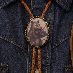 Opossum Playing the Fiddle Bolo Tie : Vintage Style Western Leather Necktie