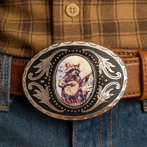 Raccoon Banjo Belt Buckle: Western Style Silver Buckle, Fits 1.5" Strap
