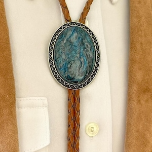 Blue Onyx Bolo Tie: Leather Cowboy Necktie, Stone Gifts for Him