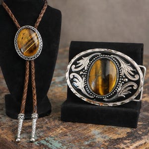 Bolo Tie & Buckle Set : Genuine Tigers Eye Stone Western Leather Necktie Gemstone