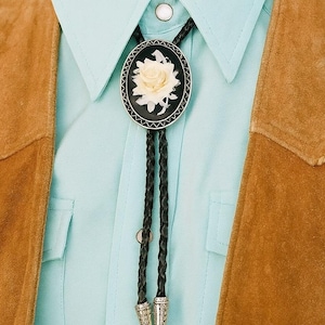 Black & White Rose Bolo Tie: Western Cowgirl Cord Necklace