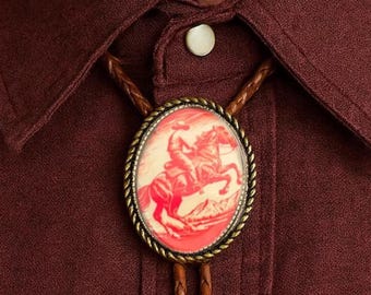 Vintage Cowboy Bolo Tie : Leather Western Necktie, Bronco Rodeo
