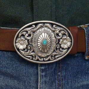 Turquoise Western Belt Buckle: Engraved Silver Oval Cabochon