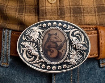 Banjo Opossum Belt Buckle: Silver Western Buckle , Fits 1.5'' Strap Animal Musician Country Concert