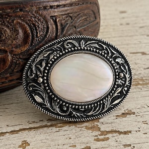 Genuine Mother of Pearl Shell Belt Buckle: Silver Engraved Oval, Inlay - Fits 1.5" Belt
