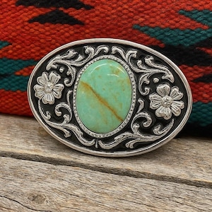 Turquoise Stone Belt Buckle: Engraved Western Silver Design