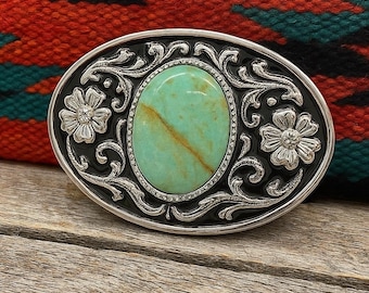 Turquoise Stone Belt Buckle: Engraved Western Silver Design