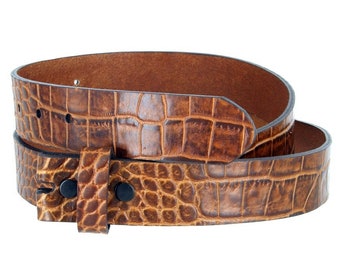 Men's Leather Trouser Belt Croc Style Pattern Tan or Gold 1" wide Black