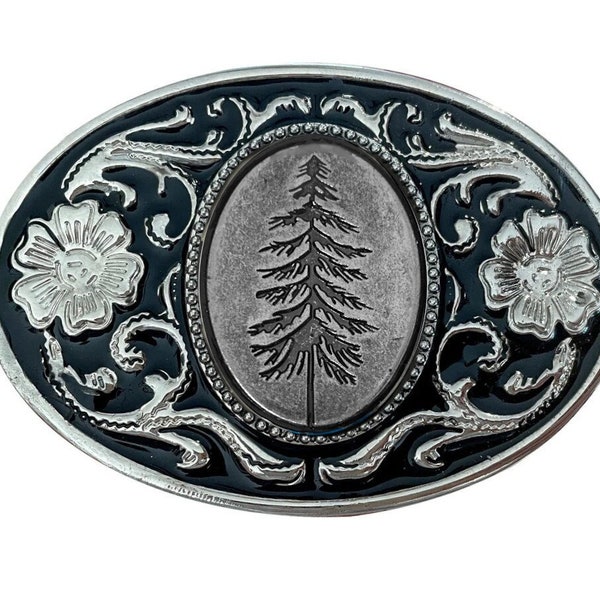 Pine Tree Belt Buckle - Mountain Western Silver Engraved - Men's Womens Hiking Camping California Colorado Ski Lover Fir Cedar Cowboy Silver