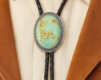 Southwestern Turquoise Stone Bolo Tie : Leather Cord Cowboy Necklace