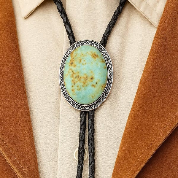 Southwestern Turquoise Stone Bolo Tie : Leather Cord Cowboy Necklace