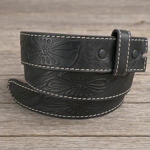 Black Tooled Leather Belt Strap: Full Grain Western Style, Interchangeable Buckle