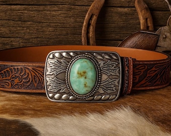 Bracelet en cuir marron repoussé : boucle western pierre turquoise, cuir de vachette pleine fleur