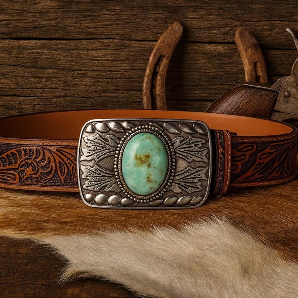 Tooled Brown Leather Belt : Turquoise Stone Western Buckle, Full Grain Cowhide