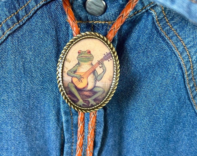 Banjo Frog Bolo Tie: Western Leather Necktie, Country Music Gift