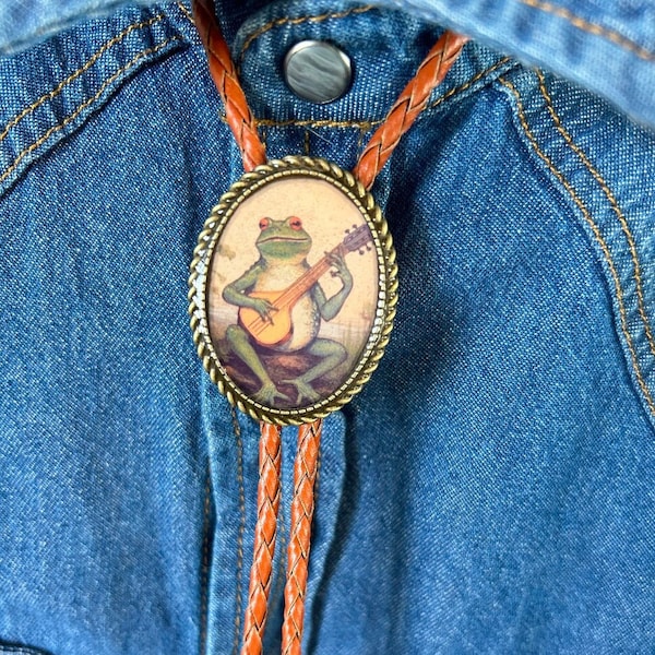 Banjo Frog Bolo Tie: Western Leather Necktie, Country Music Gift