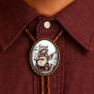 Banjo Raccoon Bolo Tie : Western Leather Necktie, Country Music Gift