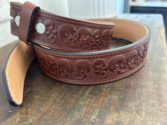 Tooled Skull Print Leather Belt Strap - Western Snap Belt