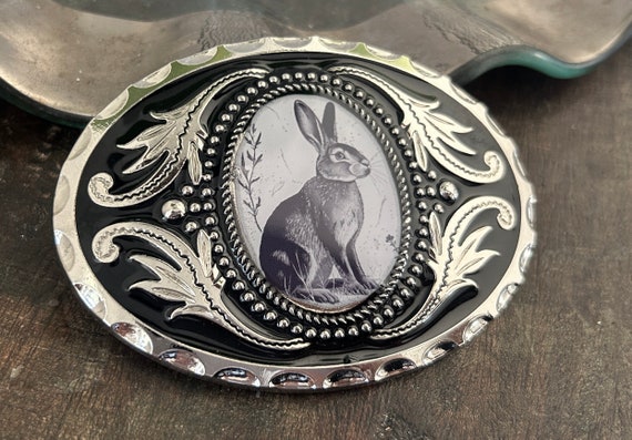 Vintage 90s Brighton Black Belt Womens Silver Bunny Rabbit Buckle Y2K Large EUC Brighton Belt Leather W/ Rabbit Buckle | Boardwalk Vintage main image 4