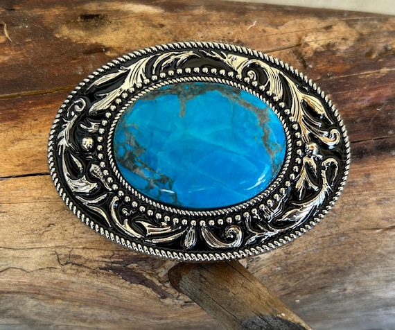 Silver Engraved Western Belt Buckle: Aqua Genuine Stone - Etsy display picture 2