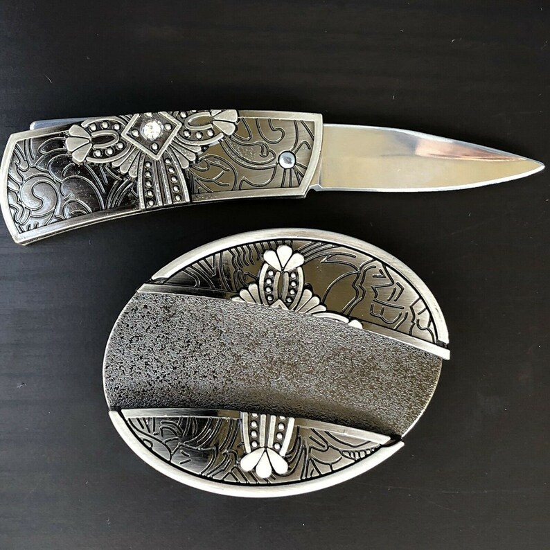 HIDDEN KNIFE Cross Belt Buckle Western Cowboy Pocket Army Etsy