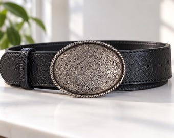 Tooled Black Leather Vertebrae Skeleton Print Western Belt: Oval