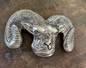 Large Bighorn Sheep Belt Buckle - Horn Goat Ram Animal Western Style Silver Hunting Custom Cabochon Silver Pewter Engraved