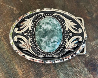 Green Stone Belt Buckle: Western Silver Engraved Design - Etsy display picture 2