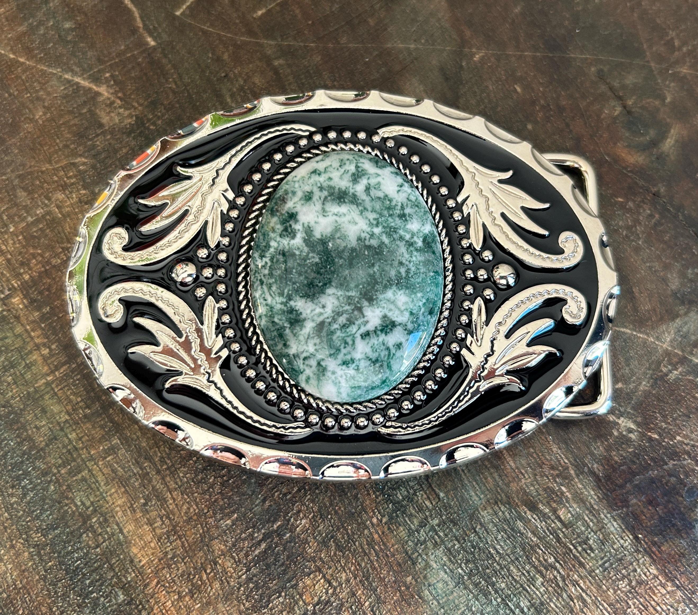 Green Stone Belt Buckle: Western Silver Engraved Design - Etsy display picture 1