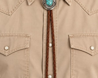 Turquoise Western Bolo Tie - Handmade Leather Cowboy Necktie
