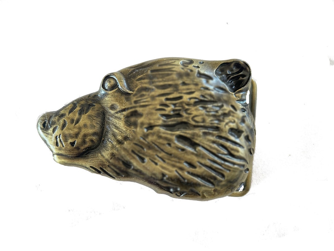 Vintage Brass Bear Head Belt Buckle Grizzly California Brown Black Paw