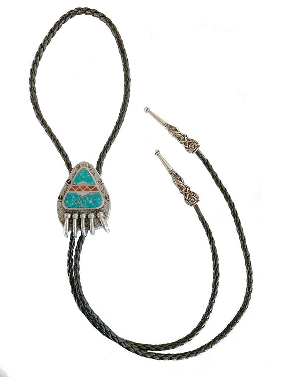 Turquoise & Coral Inlaid Steerhead Western Bolo Tie Turquoise & Coral Inlaid Steerhead Western Bolo Tie