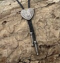 Engraved Silver Heart Bolo Tie : Valentines Day Handmade Leather Western Necktie