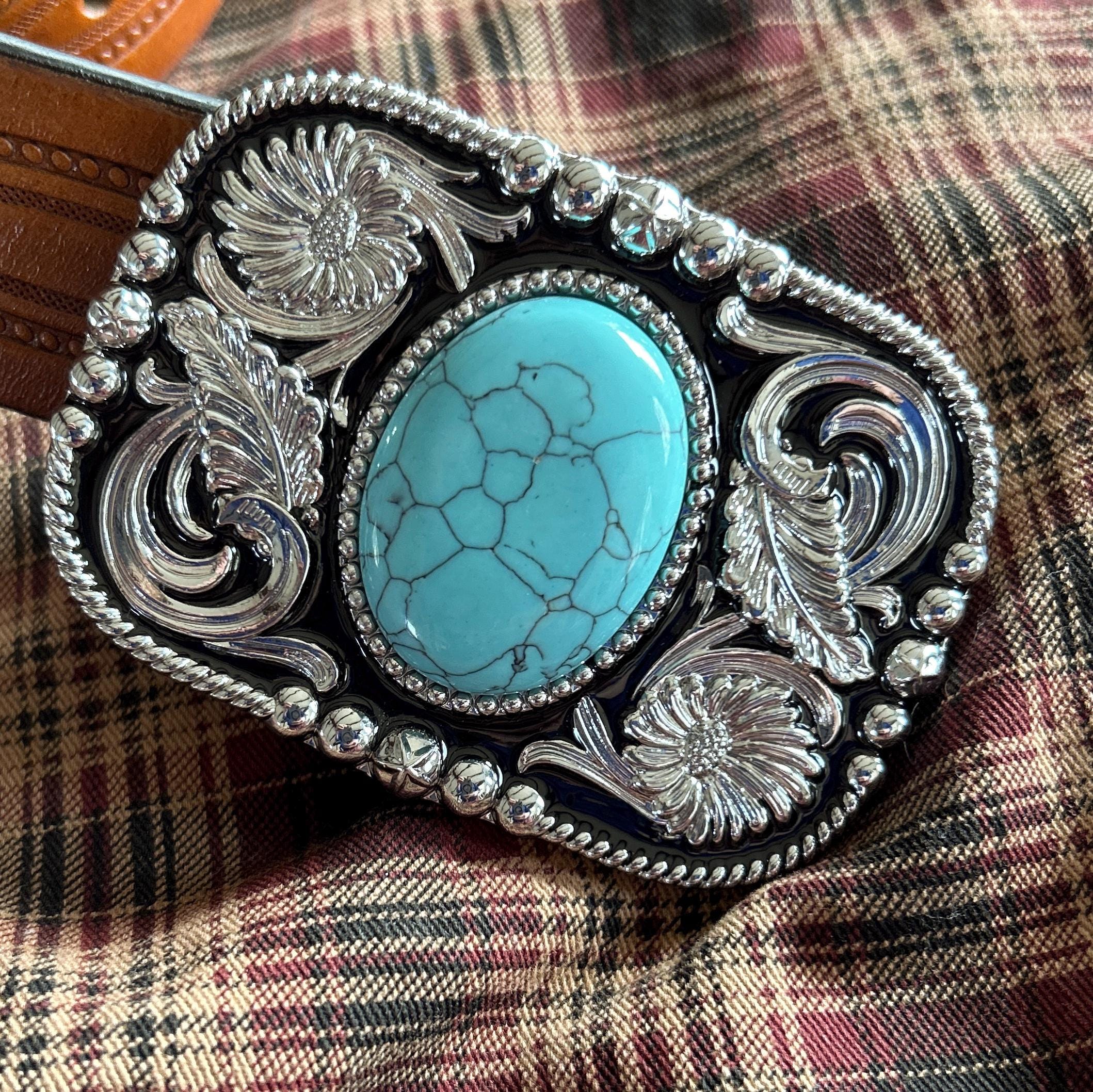 Western style Turquoise color floral belt buckle Ariat Womens Floral Tooled Turquoise Inlay Leather Belt  main image 4
