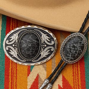 Black Vein Stone Bolo Tie & Buckle Set : Western Leather Cowboy Necktie