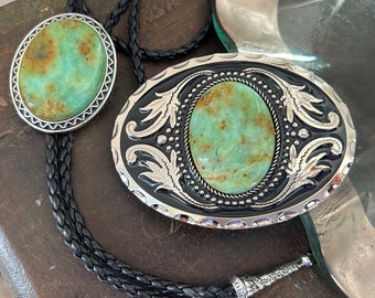 Beautiful Western Bolo Tie and Buckle Set - Matching Genuine Teal Stone Inlay Gifts for Him Leather Cowboy Necktie Mens Necklace Bola Bolero