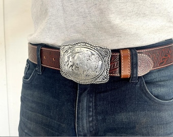 Tooled Brown Leather Belt Strap: Buffalo Buckle, Western Style