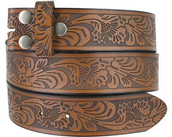 Tooled Brown Leather Snap Belt Strap - 100% Full Grain Western Style - Cow Hide - Removable belt strap - Cool Gifts for Him - Men - Floral