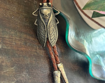 Cicada Bolo Tie - Western Gifts for Him - Leather Cowboy Necktie Accessories Mens Necklace Bug Insect Beetle Wing Brass Bola Man Accessories