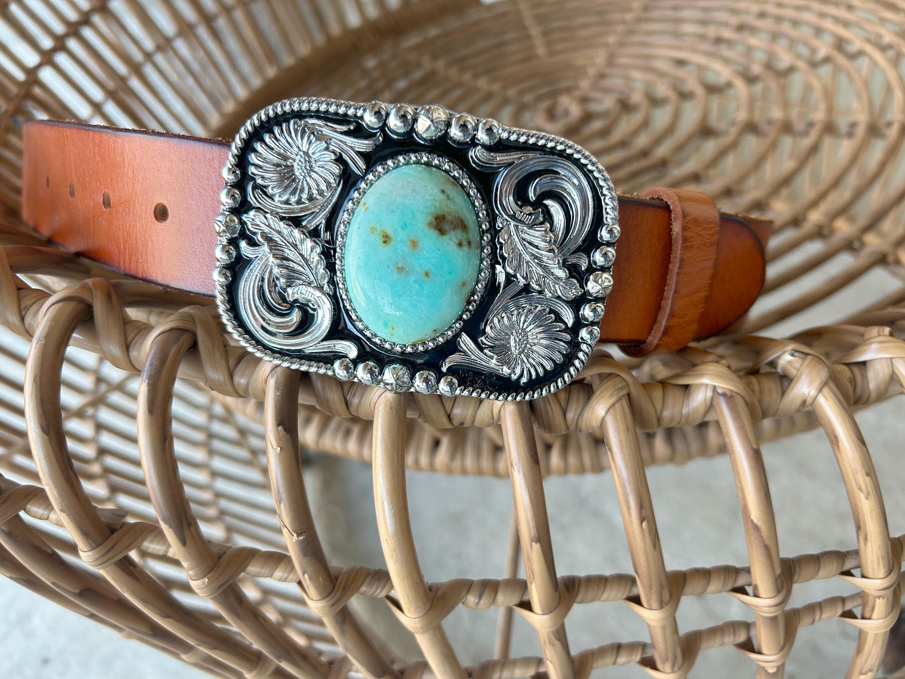 Turquoise Stone Leather Belt Strap: Western Style Full Grain Cow