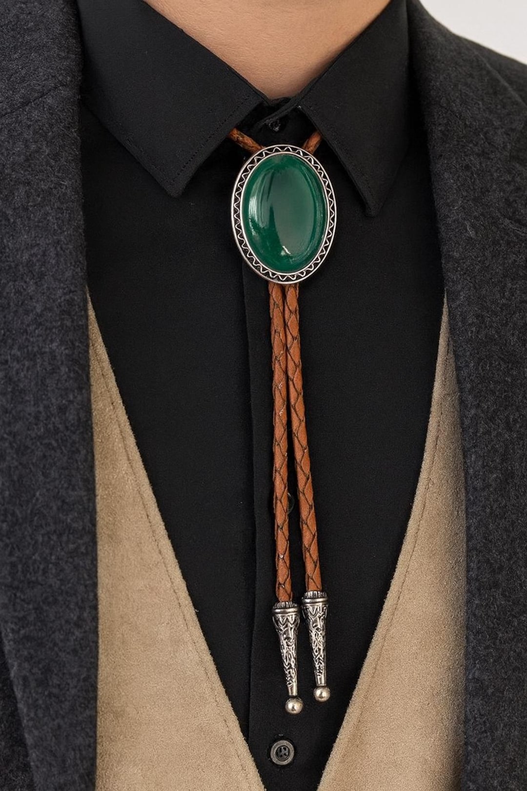 Green Stone Bolo Tie: Southwestern Leather Cowboy Necktie - Etsy display picture 1