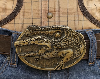 Vintage Brass Crocodile Belt Buckle: Alligator Animal Design